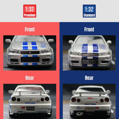1/32 Nissan Skyline GTR R34 JDM Toy Car Model Diecast Vehicle Miniature Sound & Light Pull Back Collection Gift Children Boy